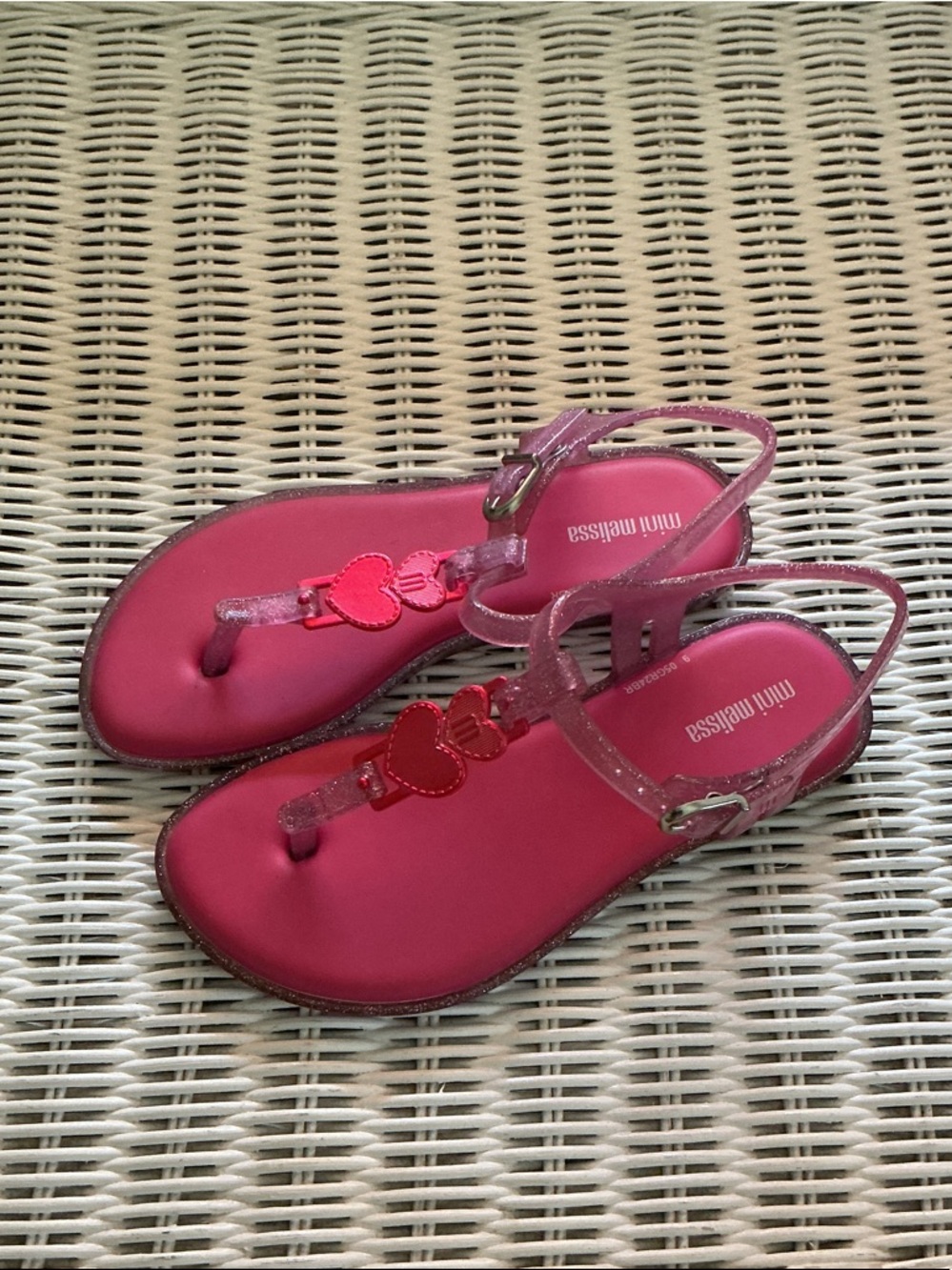Mini Melissa Hot Pink Jelly Sandals with Red Heart Details